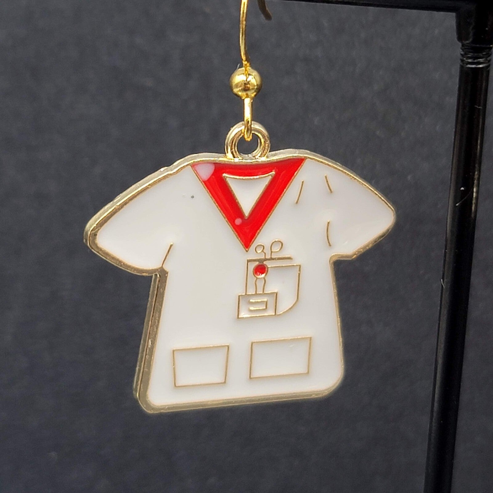 Nurse Scrub Top Pierced Earrings Red White Enamel Gold tone Dangle 1"