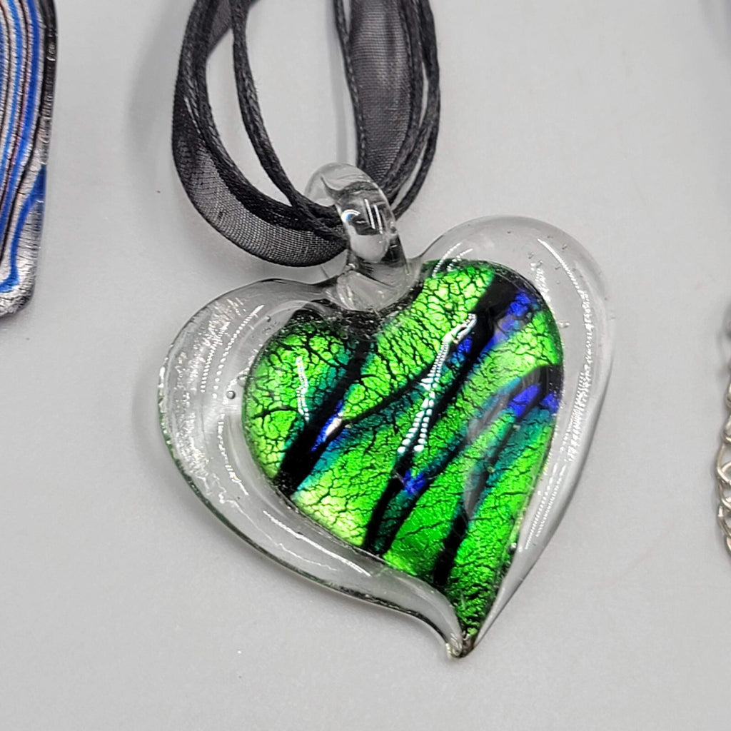 Lampwork Art Glass Heart Pendant Lot of 2 Necklace Black Ribbon Cord 18"+