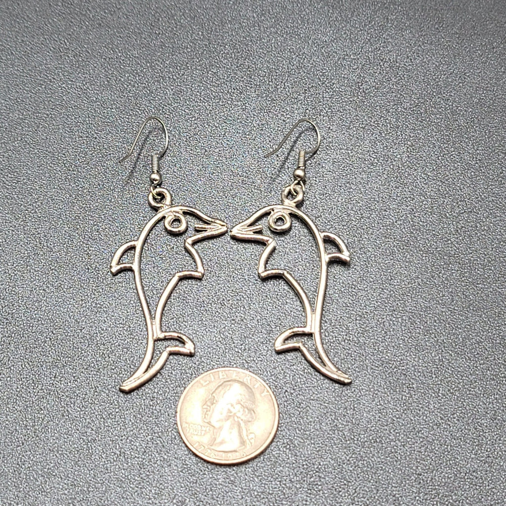 Dolphin Pierced Earrings Silver tone Dangle 2 1/8"