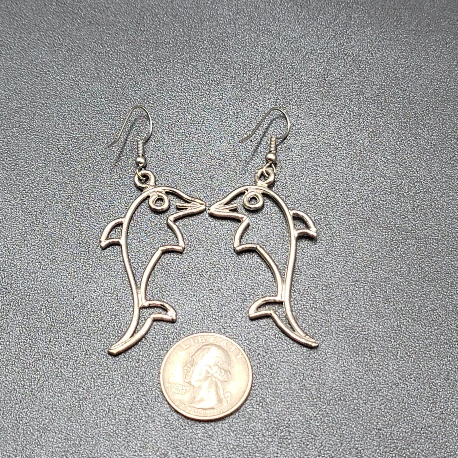 Dolphin Pierced Earrings Silver tone Dangle 2 1/8"