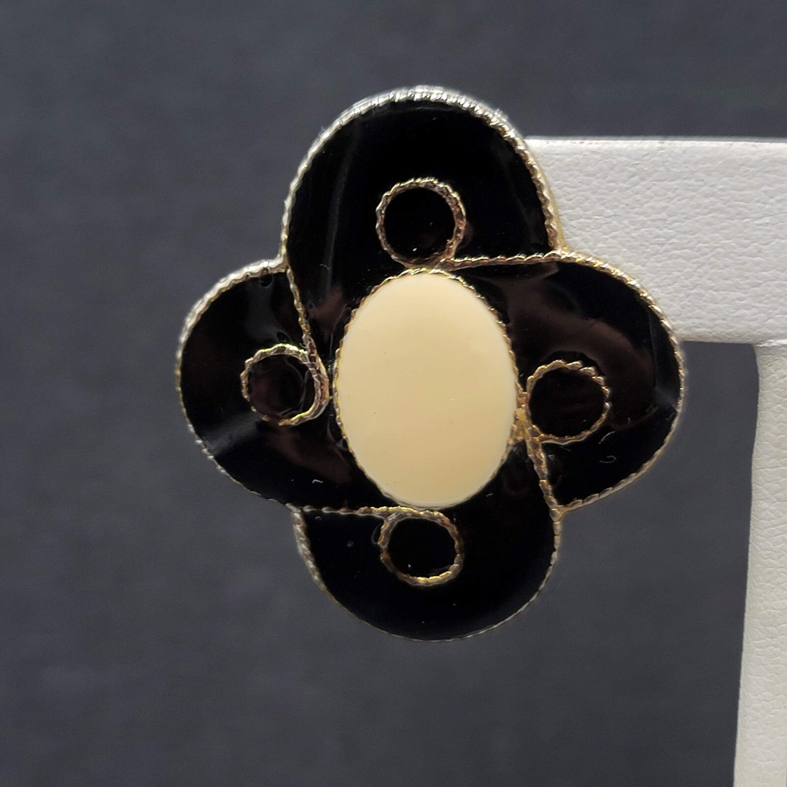 Vintage Pierced Earrings Black Cream Enamel Large Statement 1.5"