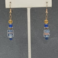Pierced Earrings Wedding Cake Art Glass Blue Beaded Gold tone Hook Dangle 1 1/8'