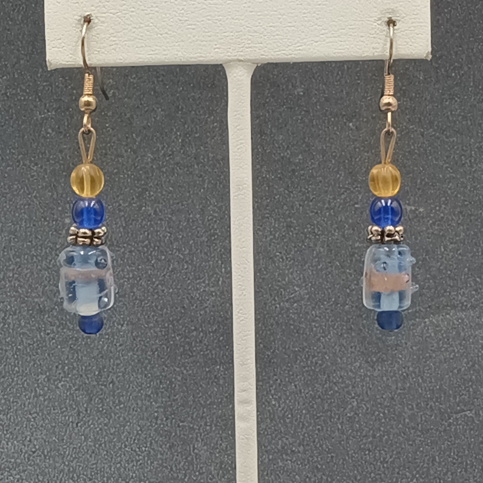 Pierced Earrings Wedding Cake Art Glass Blue Beaded Gold tone Hook Dangle 1 1/8'