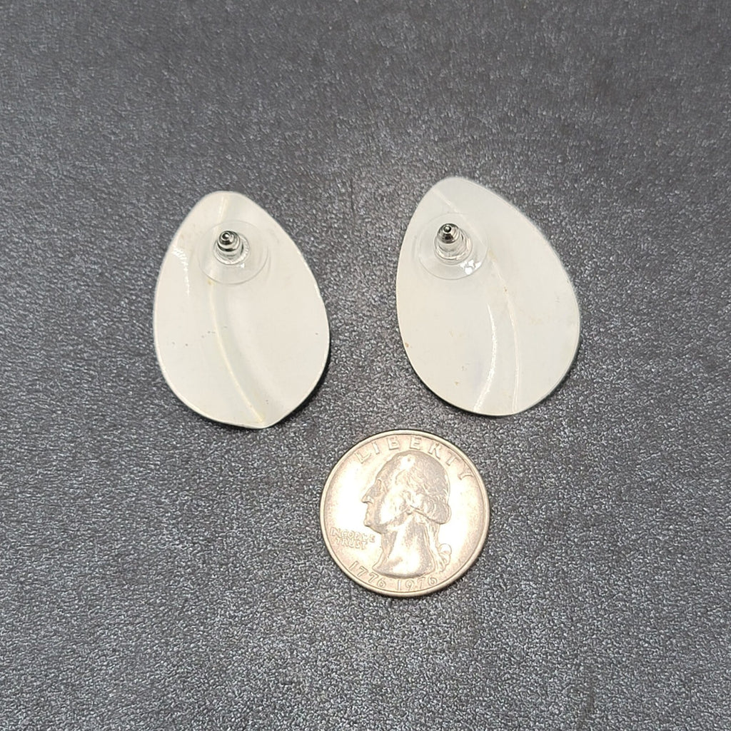Vintage Pierced Earrings Green White Enamel Drop 1 3/8"