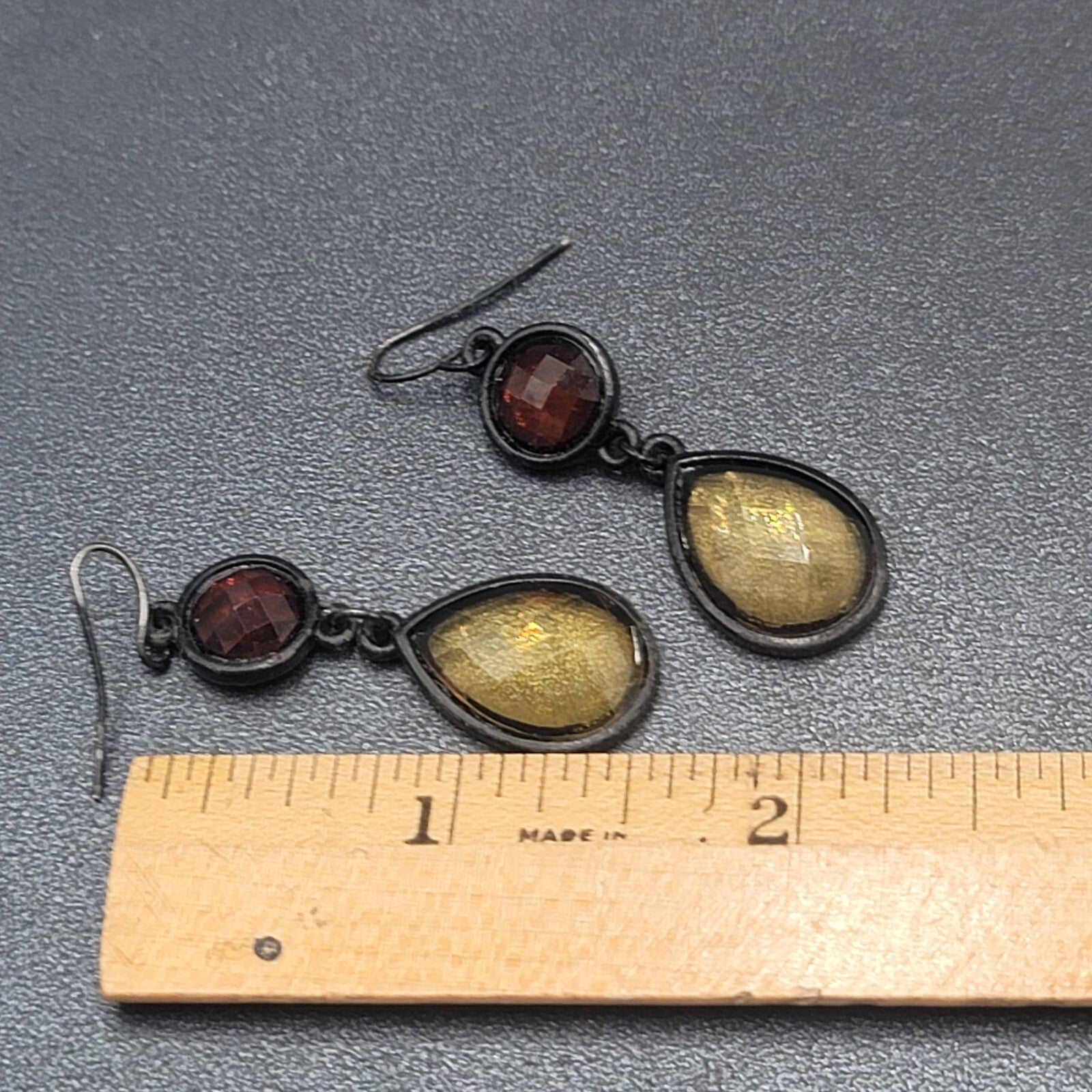 Pierced Earrings Black Metal Orange Yellow Acrylic Dangle 1.5"