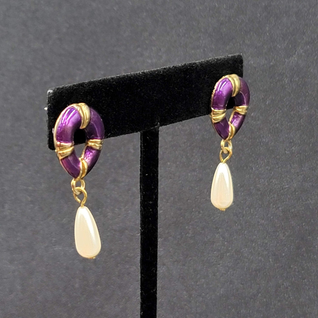 Vintage Pierced Earrings Purple Enamel Faux Pearl Teardrop Signed Dangle 1 3/8"