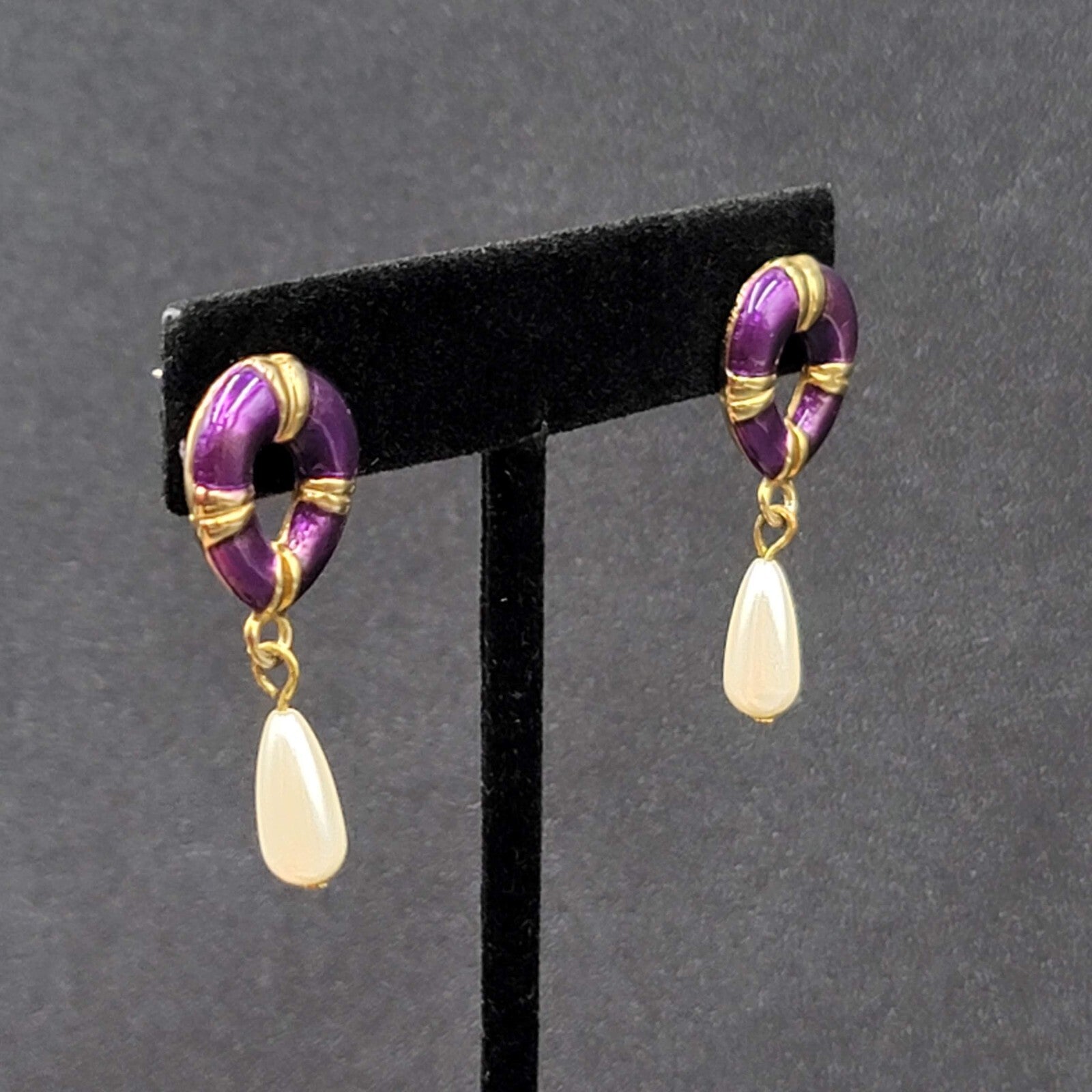 Vintage Pierced Earrings Purple Enamel Faux Pearl Teardrop Signed Dangle 1 3/8"