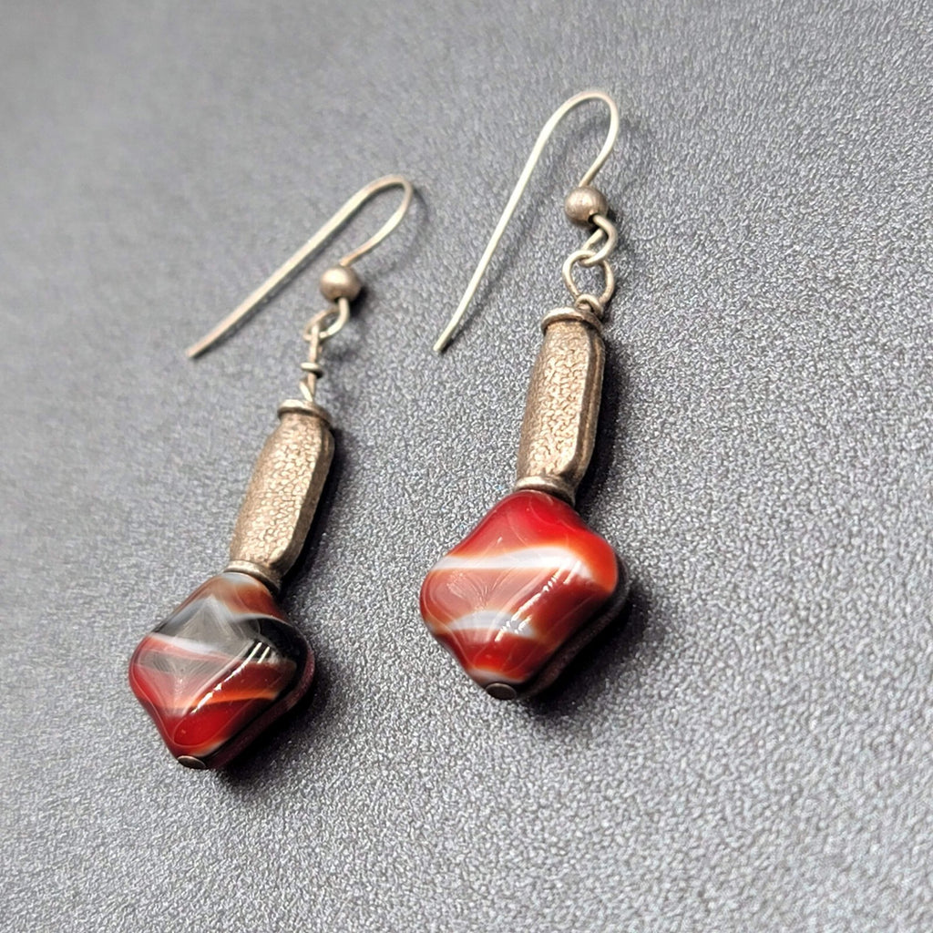 Pierced Earrings Silver tone Red Art Glass Square Bead Dangle 1.25"