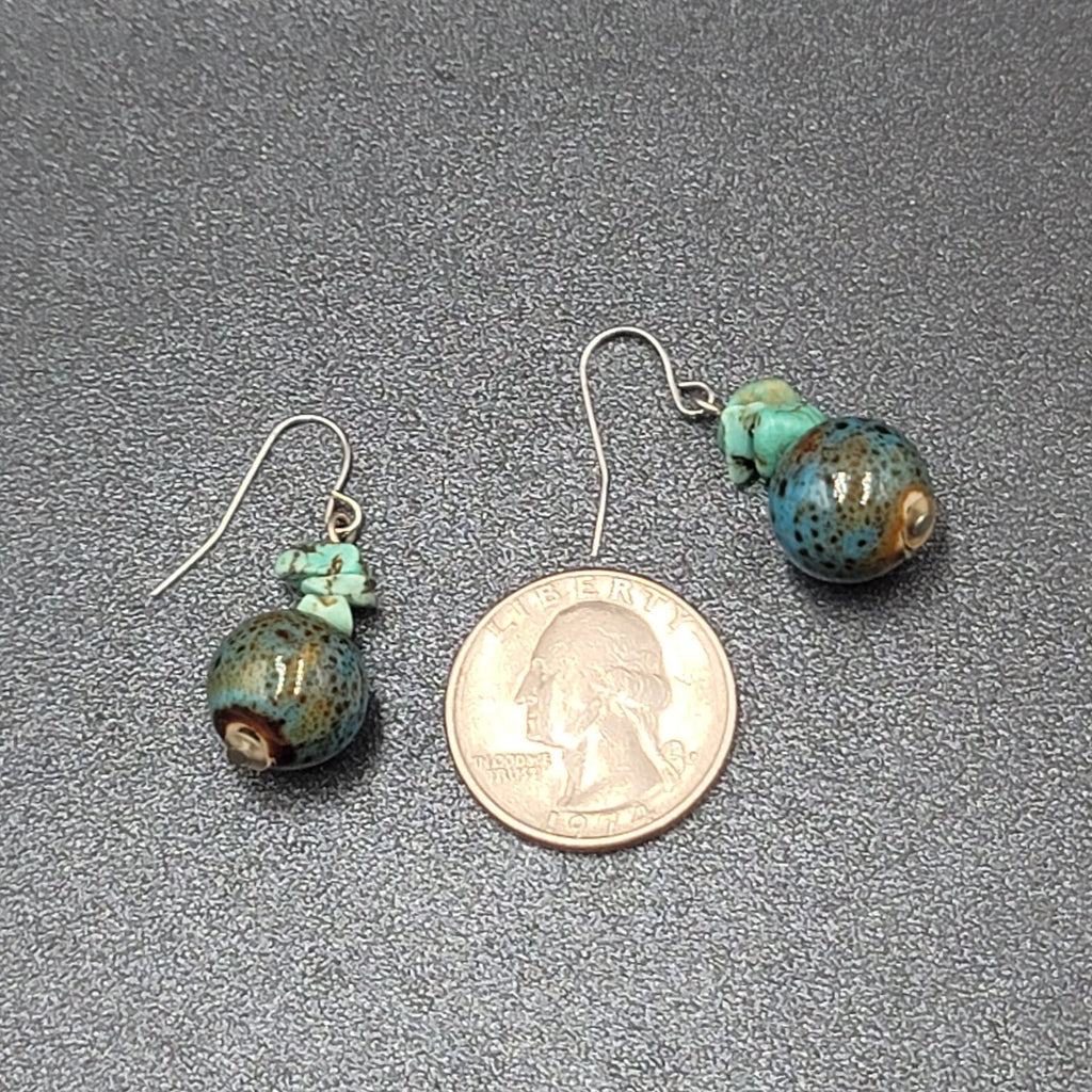 Pierced Earrings Silver tone Turquoise Bead Pottery Bead Dangle  1"