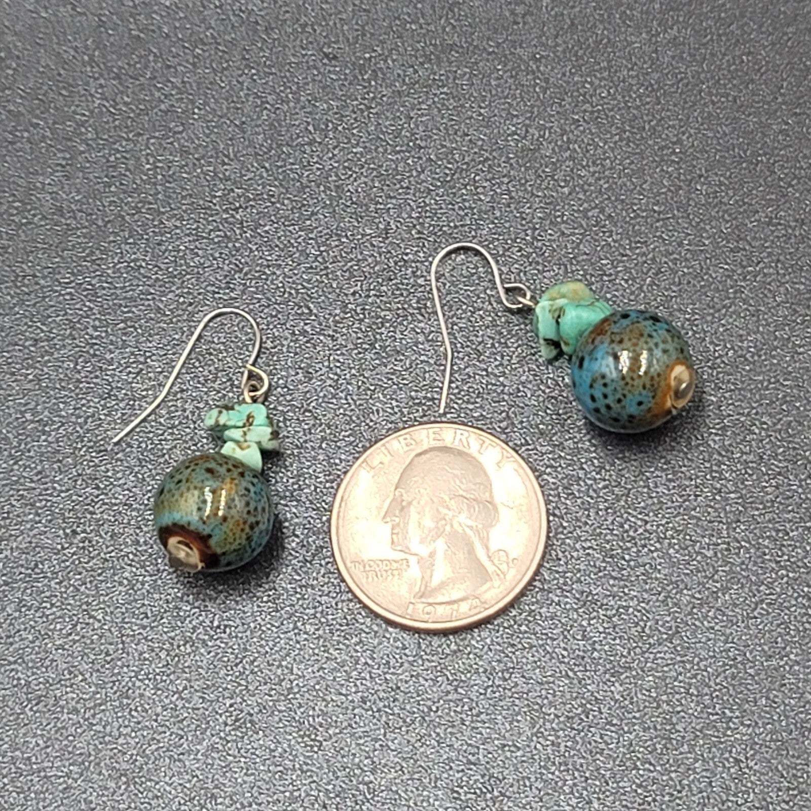 Pierced Earrings Silver tone Turquoise Bead Pottery Bead Dangle  1"