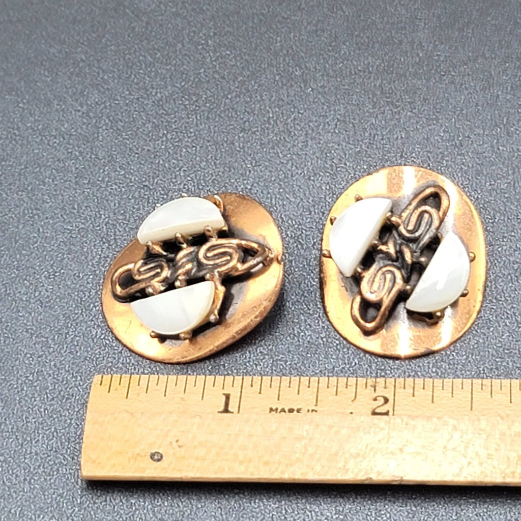 Vintage Clip on Earrings Copper Plated Mother of Pearl Accents Modernist 1.25"
