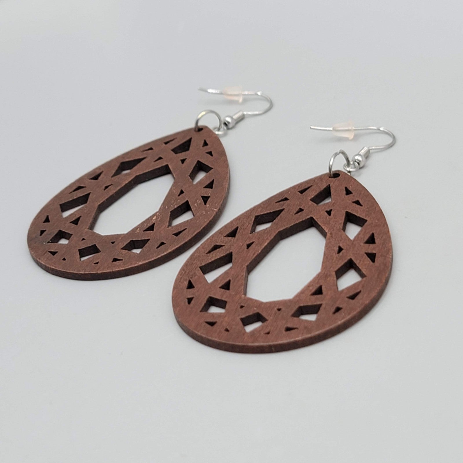 Wood Cut Large Teardrop Boho Pierced Earrings Silver tone Dangle 2.5 in