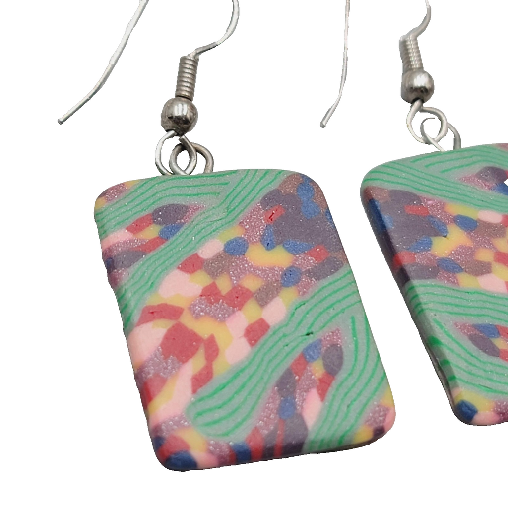 Multicolor Polymer Clay Pierced Earrings Silver tone Dangle 1 1/8"