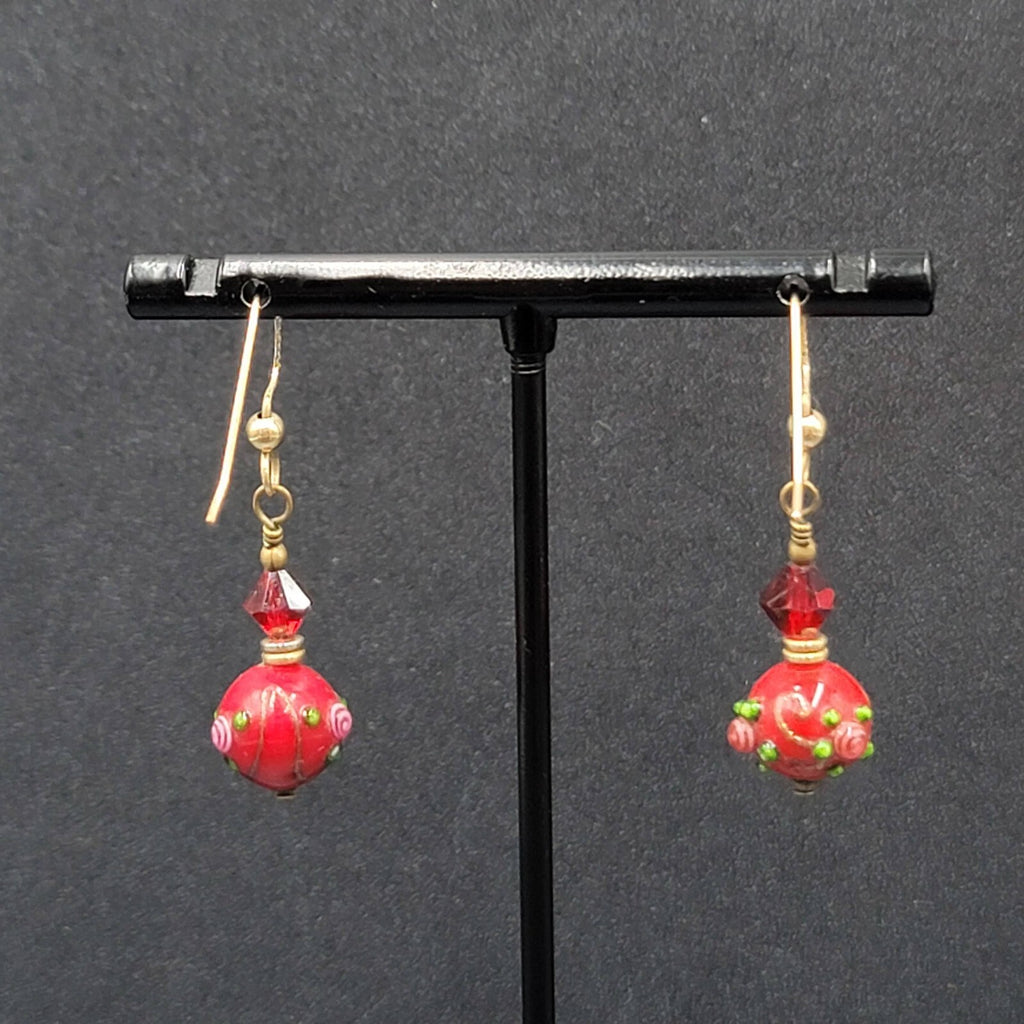 Gold Filled Pierced Earrings Red Glass Wedding Cake Bead Flowers 1"