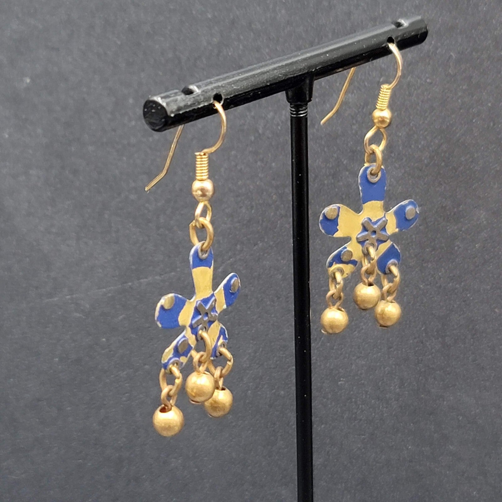 Pierced Earrings Brass Flower Blue Enamel Dangle 1.25"