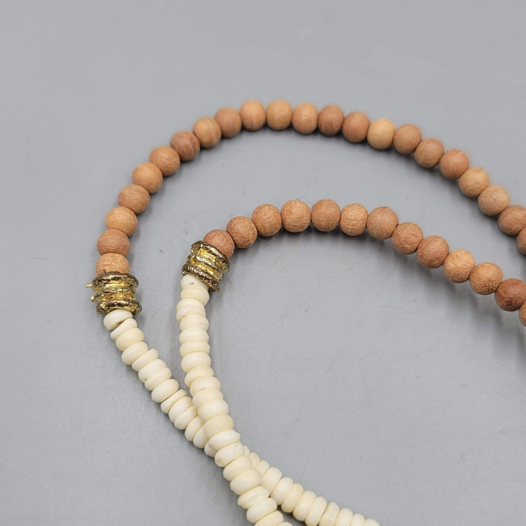 Long Wood and Cow Bone Bead Necklace Large Tassel Pendant 36 in