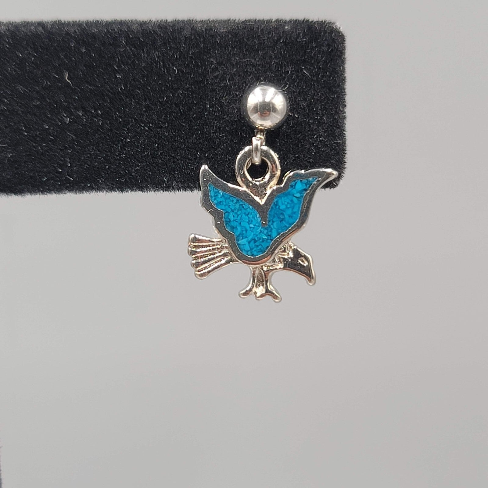 Vintage Eagle Pierced Earrings Turquoise Chip Inlay Silver tone Dangle 3/4"