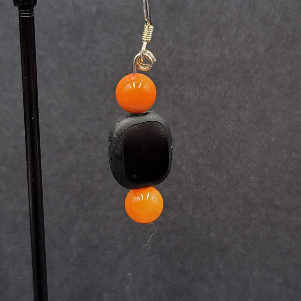 Halloween Pierced Earrings Black Orange Glass Bead Dangle 1.25"