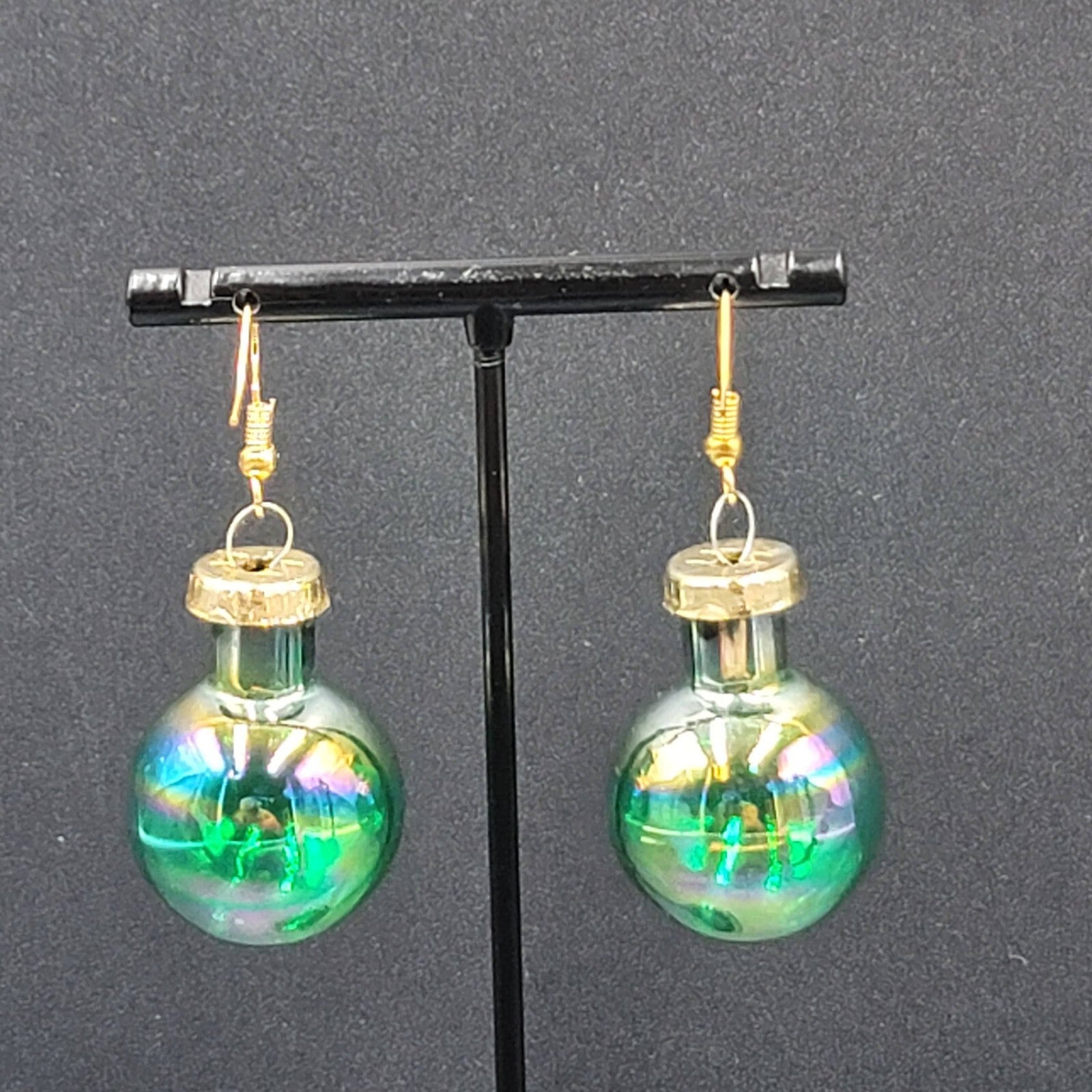 Christmas Pierced Earrings Green Glass Ornament Dangle 1.25"