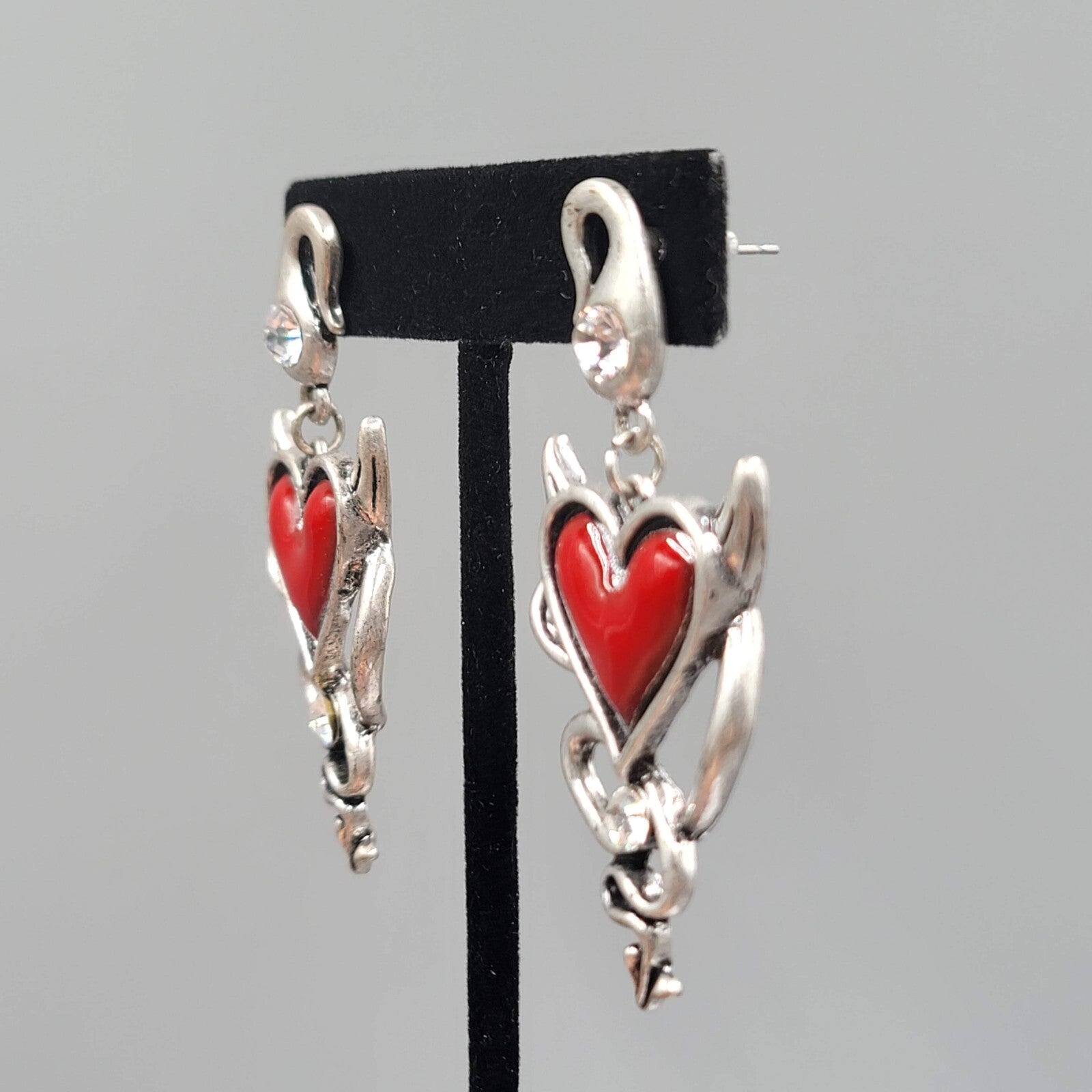 Devil Heart Pierced Earrings Red Enamel Crystal Silver tone Dangle 2 3/8"