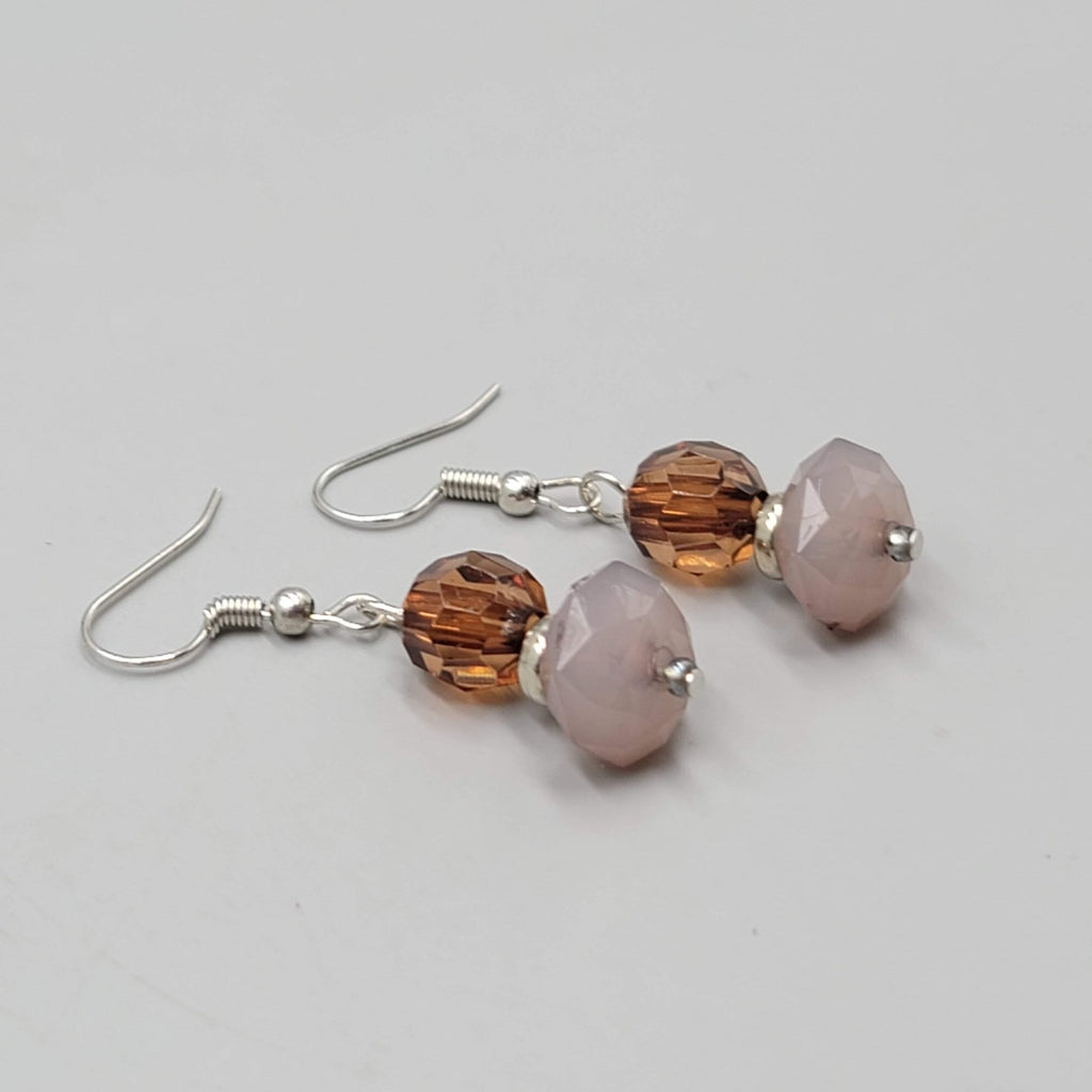Brown Purple Faceted Glass Bead Pierced Earrings Silver tone Dangle  1 in