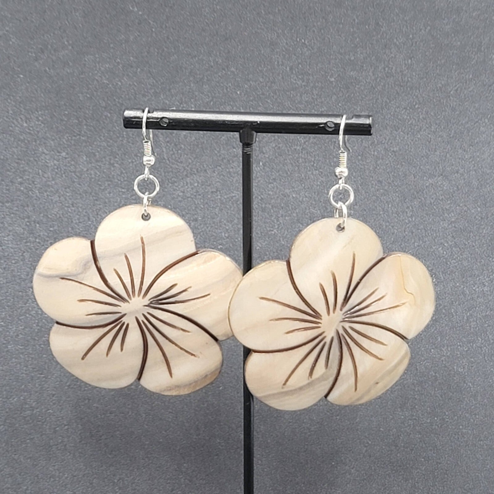 Flower Pierced Earrings Large Carved Shell Silver tone 2"