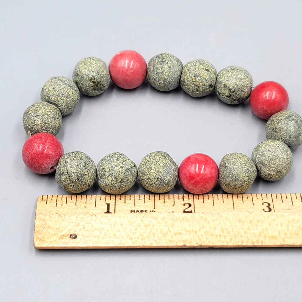 Vintage Raw Epidote Green Bead Bracelet Red Thulite Elastic 7"