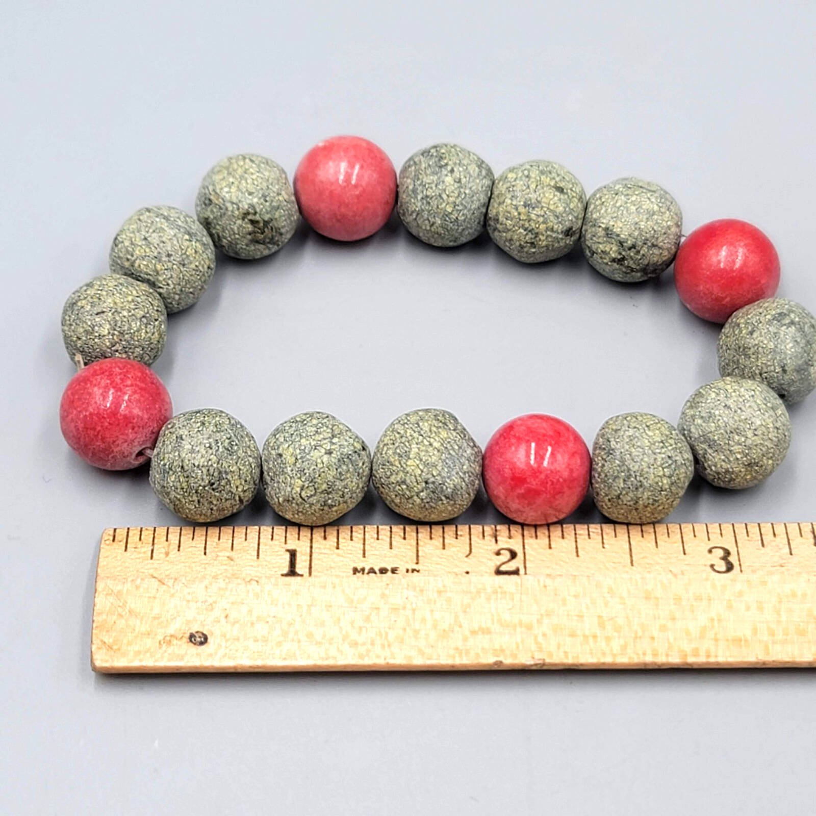 Vintage Raw Epidote Green Bead Bracelet Red Thulite Elastic 7"