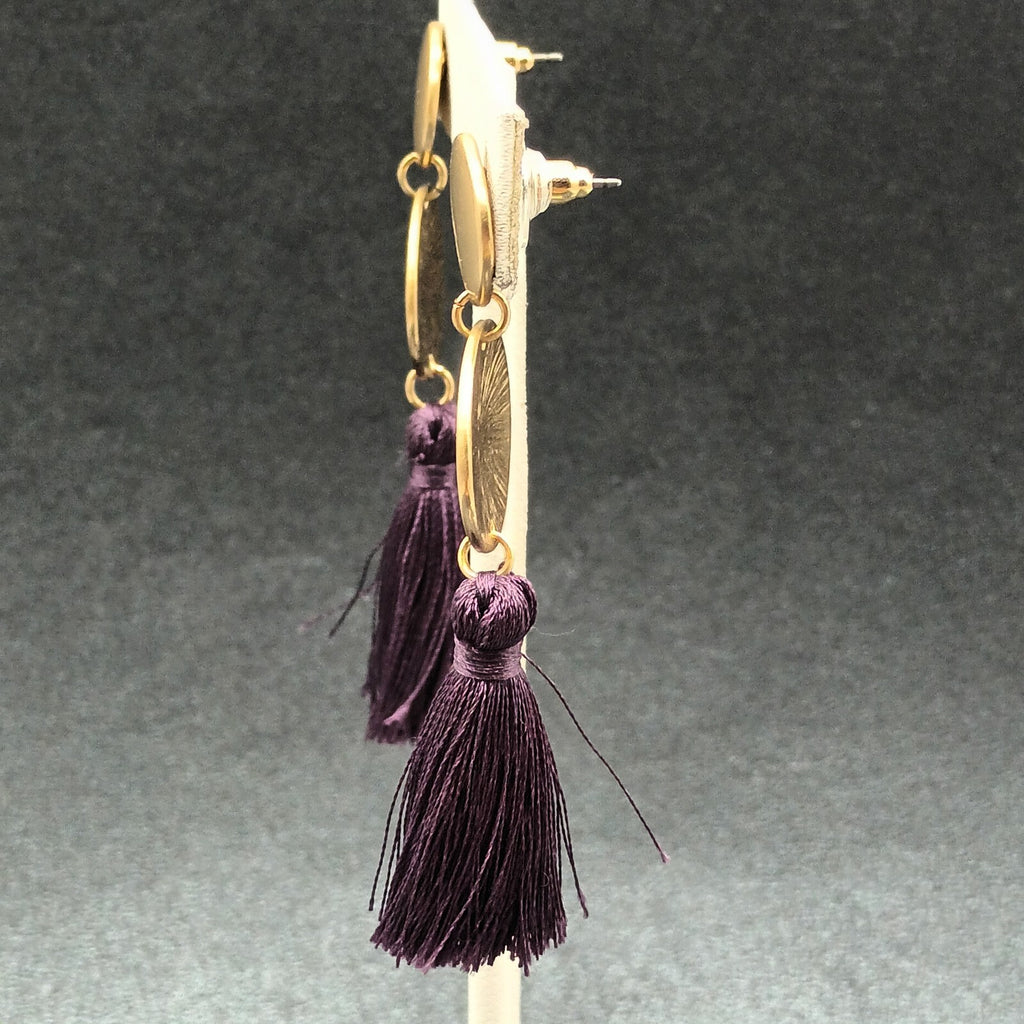 Pierced Earrings Gold tone Purple Tassel Statement Dangle 2 5/8"