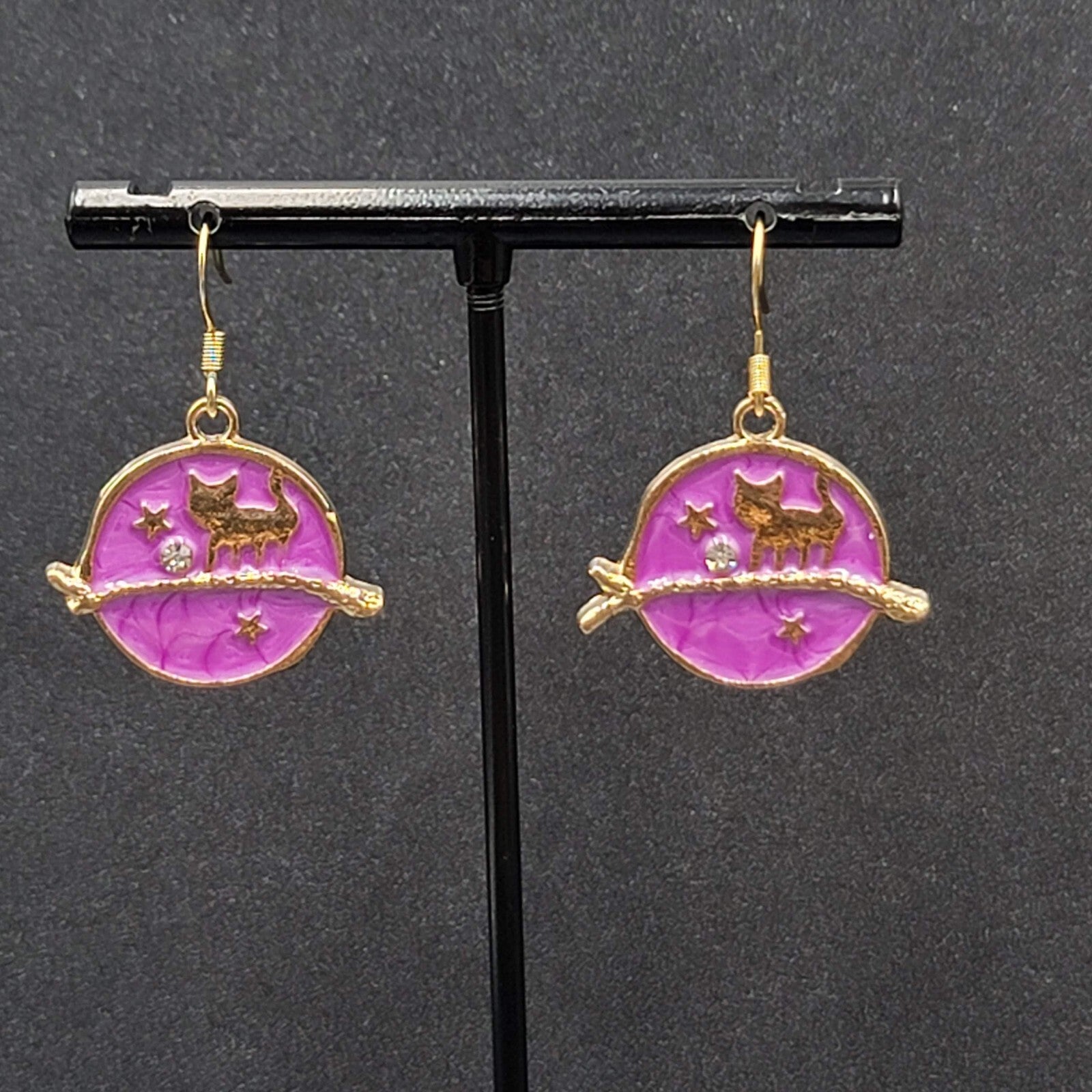 New Cat Pierced Earrings Gold tone Purple Enamel Moon Crystal Dangle 7/8"