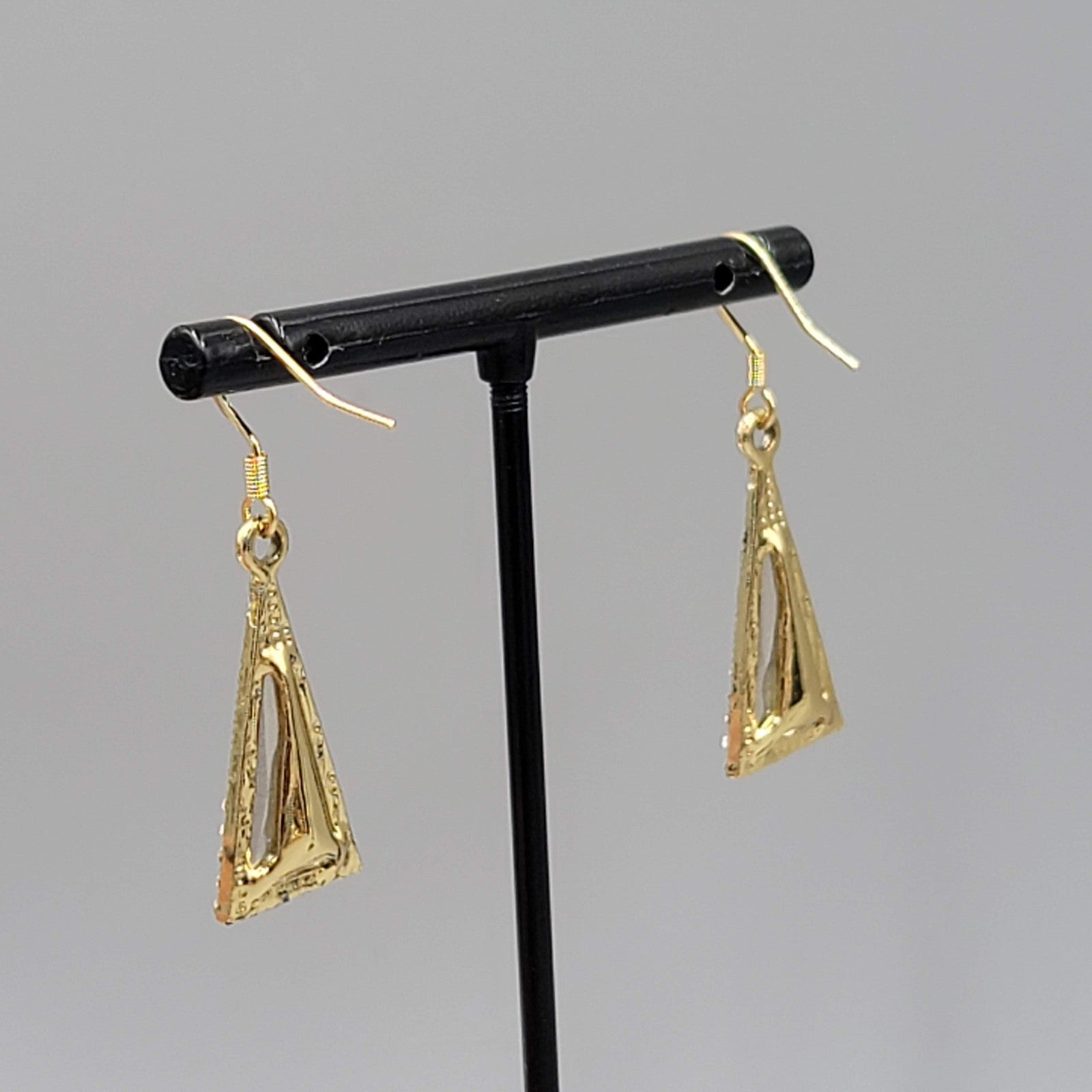 Triangle Clear Rhinestone Pierced Earrings Gold tone Dangle 7/8"