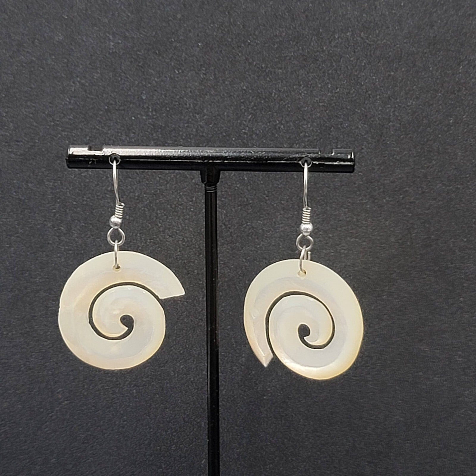 Pierced Earrings Silver tone Mother of Pearl Hand Carved Spirals  1.25"