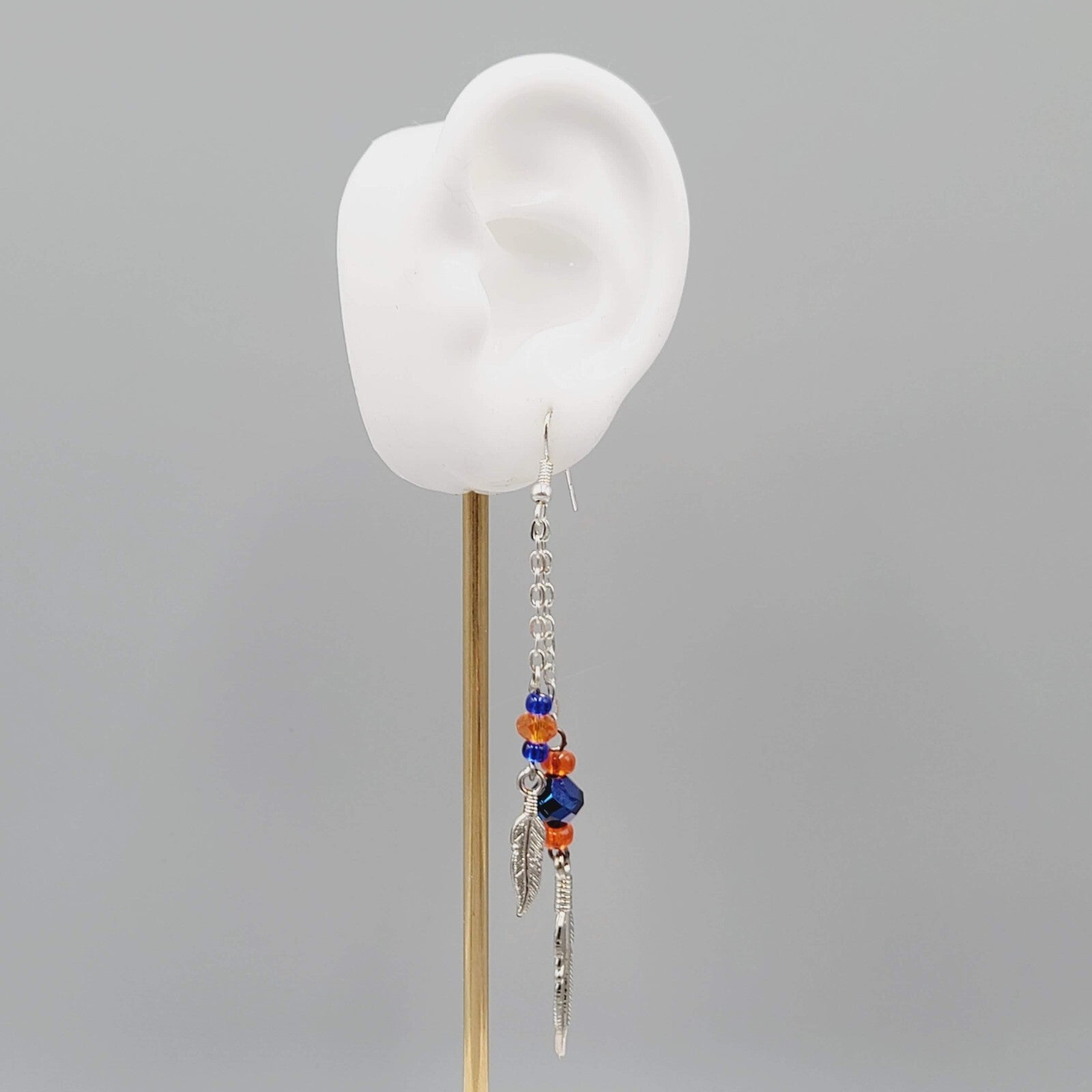 Dangle Pierced Earrings Silvertone Bead Chain Feather Accent 3.25" Denver Bronco