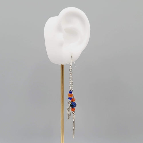 Dangle Pierced Earrings Silvertone Bead Chain Feather Accent 3.25" Denver Bronco