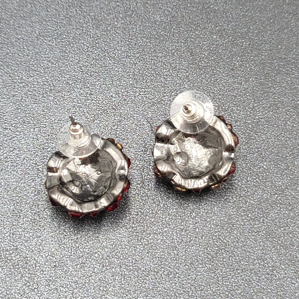 Pierced Earrings Dark Gray Metal Red Rhinestone Dome Drop Studs 3/4"
