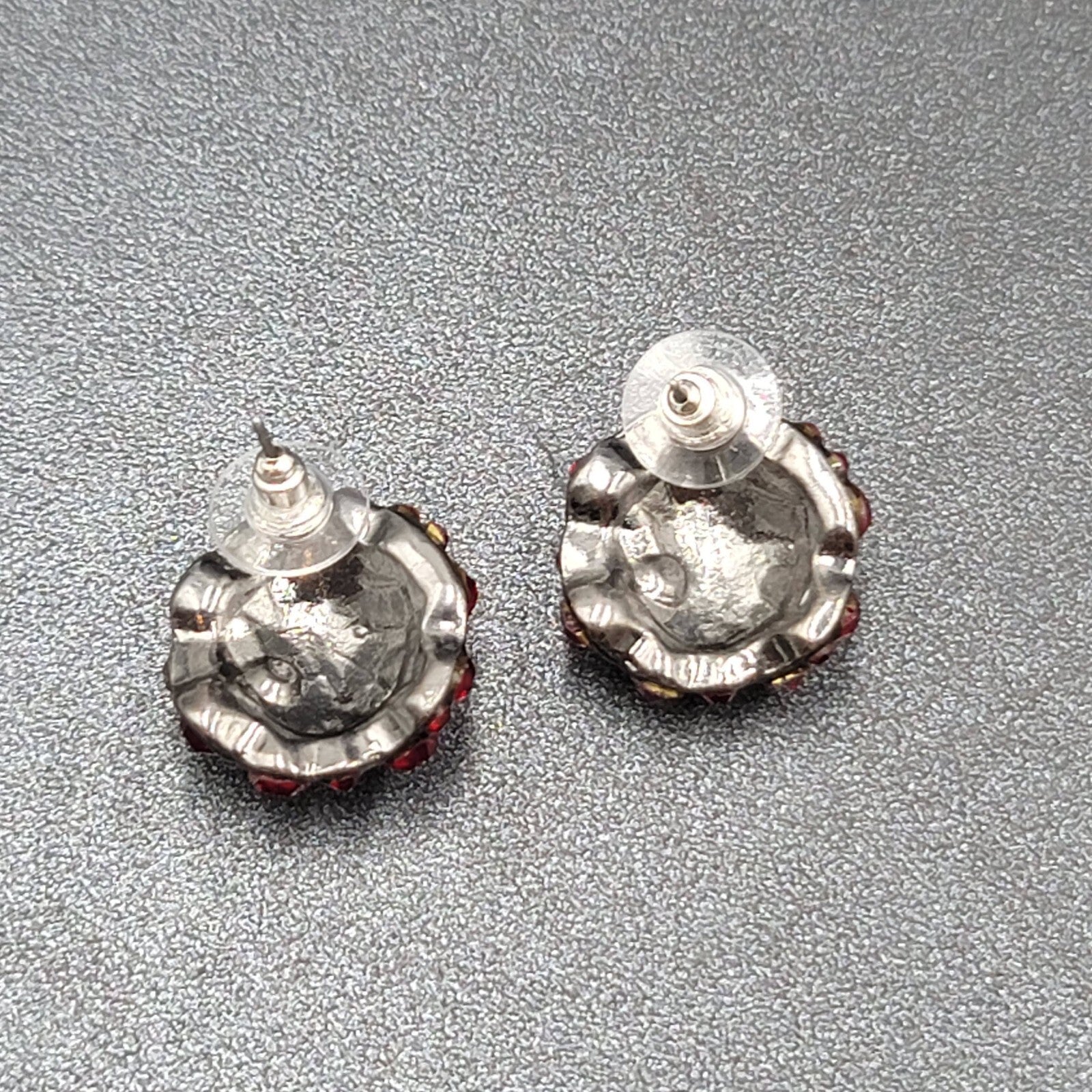 Pierced Earrings Dark Gray Metal Red Rhinestone Dome Drop Studs 3/4"