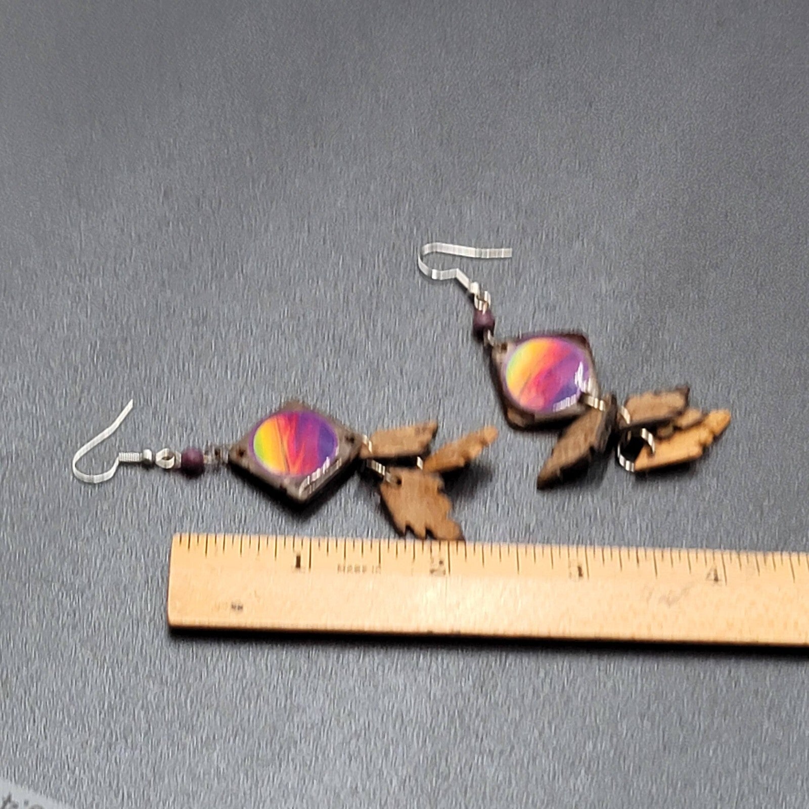 Vintage Coir Coconut Shell Pierced Earrings Multicolor Beach Scene Dangle 2.5"