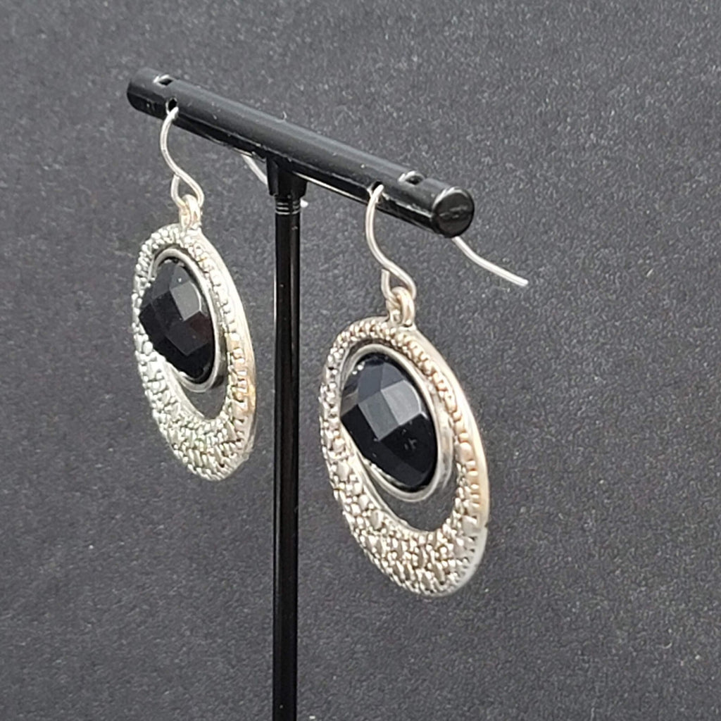 Pierced Earrings Silver tone Black Center Oval Dangle 1.25"