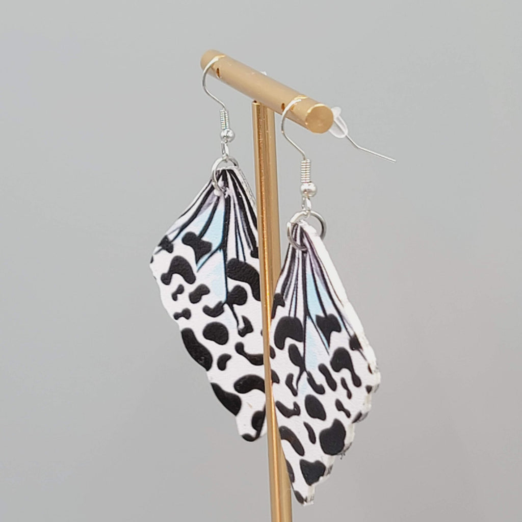 Butterfly Wing Pierced Earrings Black White  Statement Dangle 2.25"