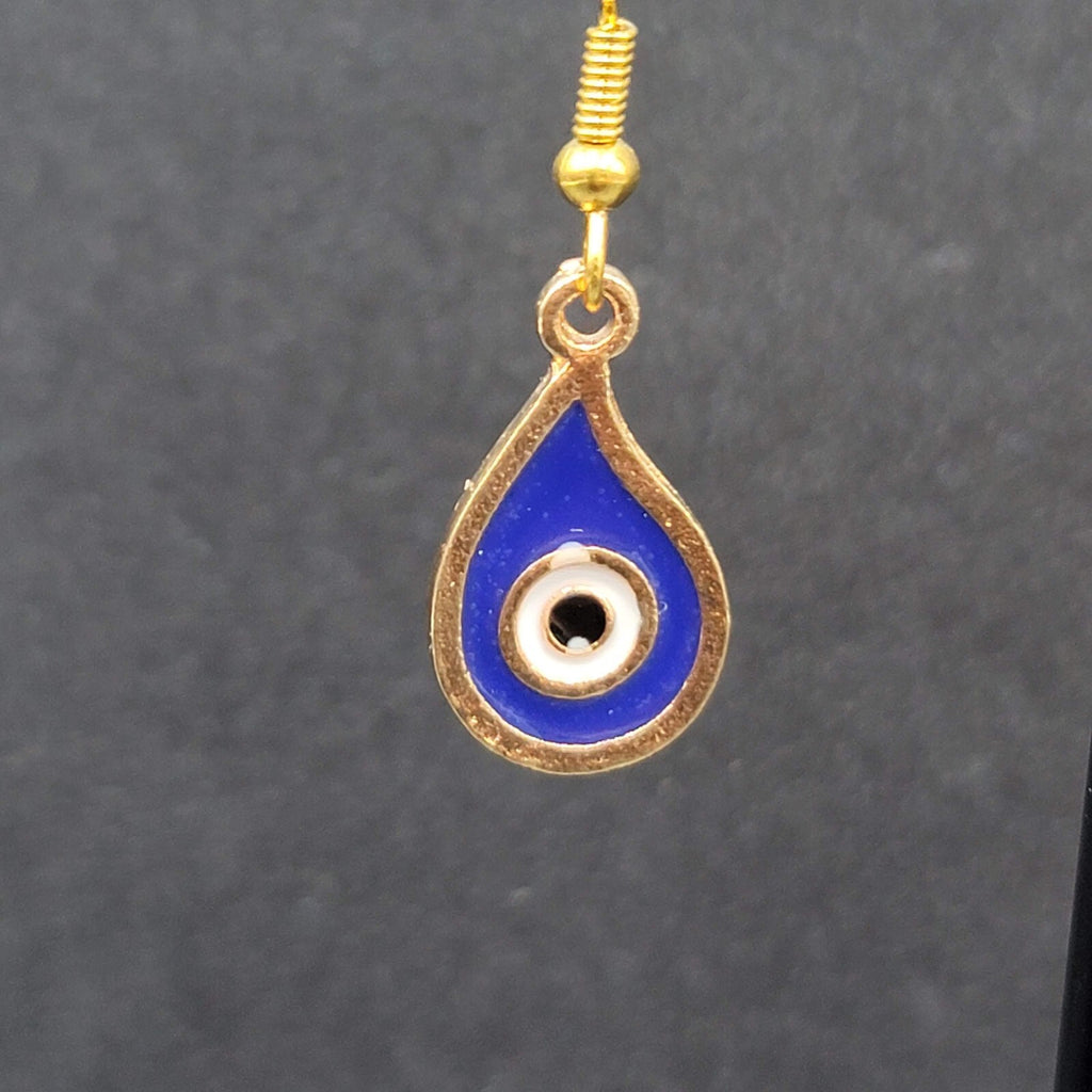 New Evil Eye Pierced Earrings Gold tone Blue Enamel Teardrop Dangle 3/4"