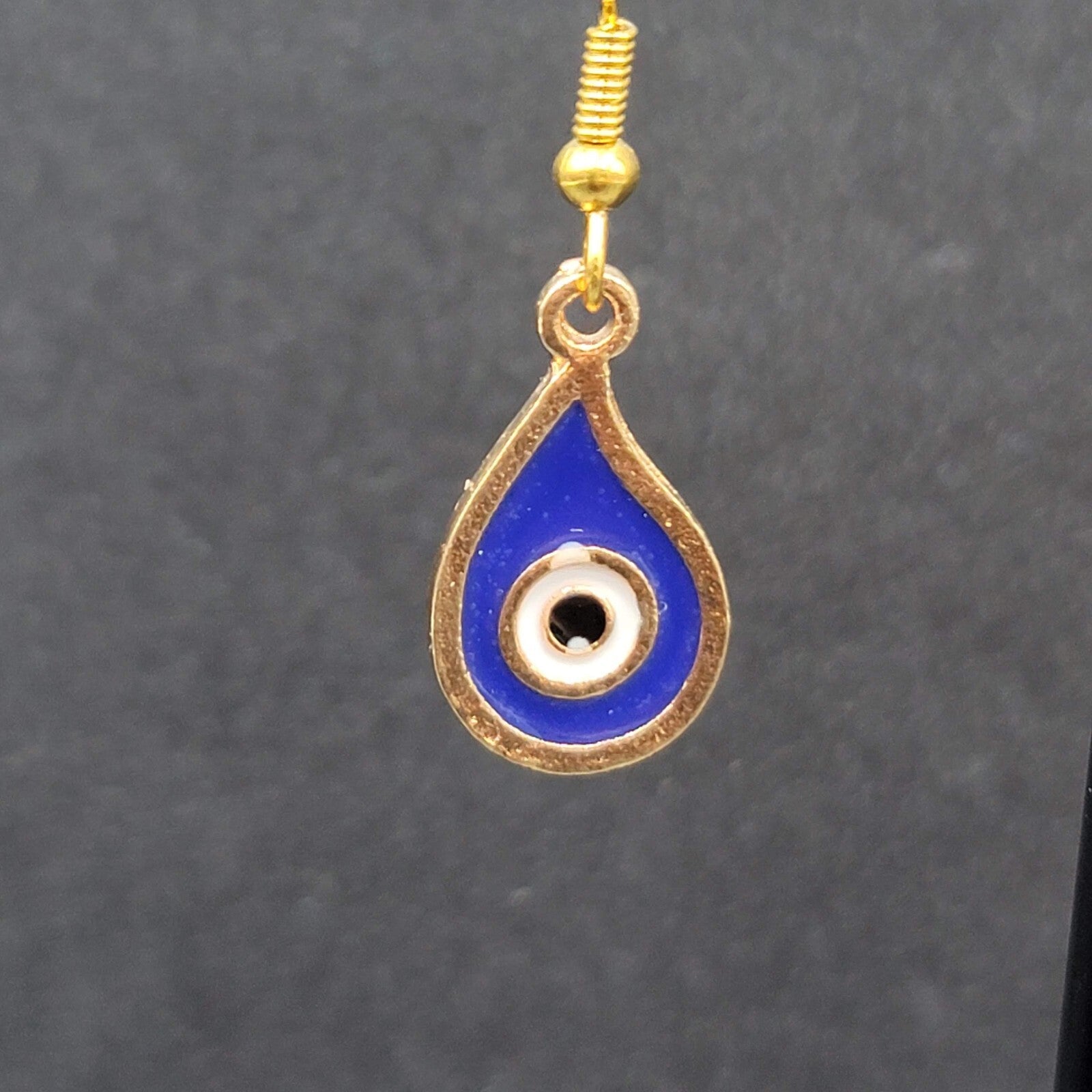 New Evil Eye Pierced Earrings Gold tone Blue Enamel Teardrop Dangle 3/4"