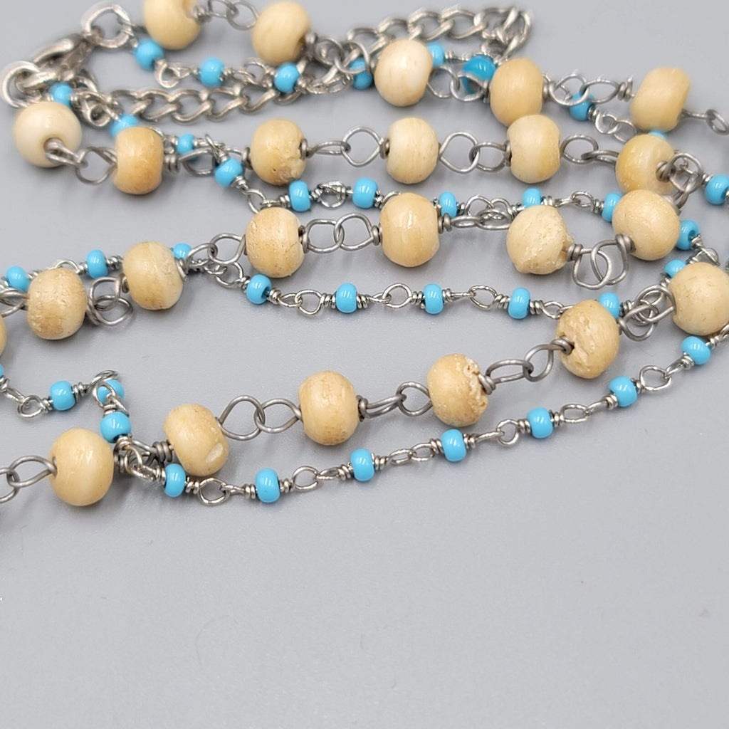 Boho Wood Rose Pendant Necklace Silver tone Double Glass Bead Chains 14"-17"
