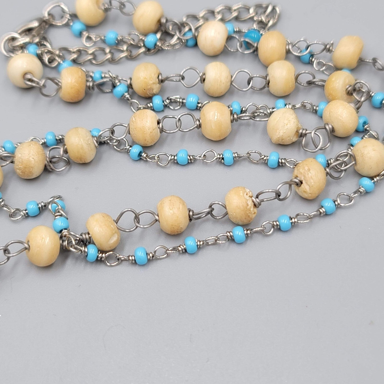 Boho Wood Rose Pendant Necklace Silver tone Double Glass Bead Chains 14"-17"