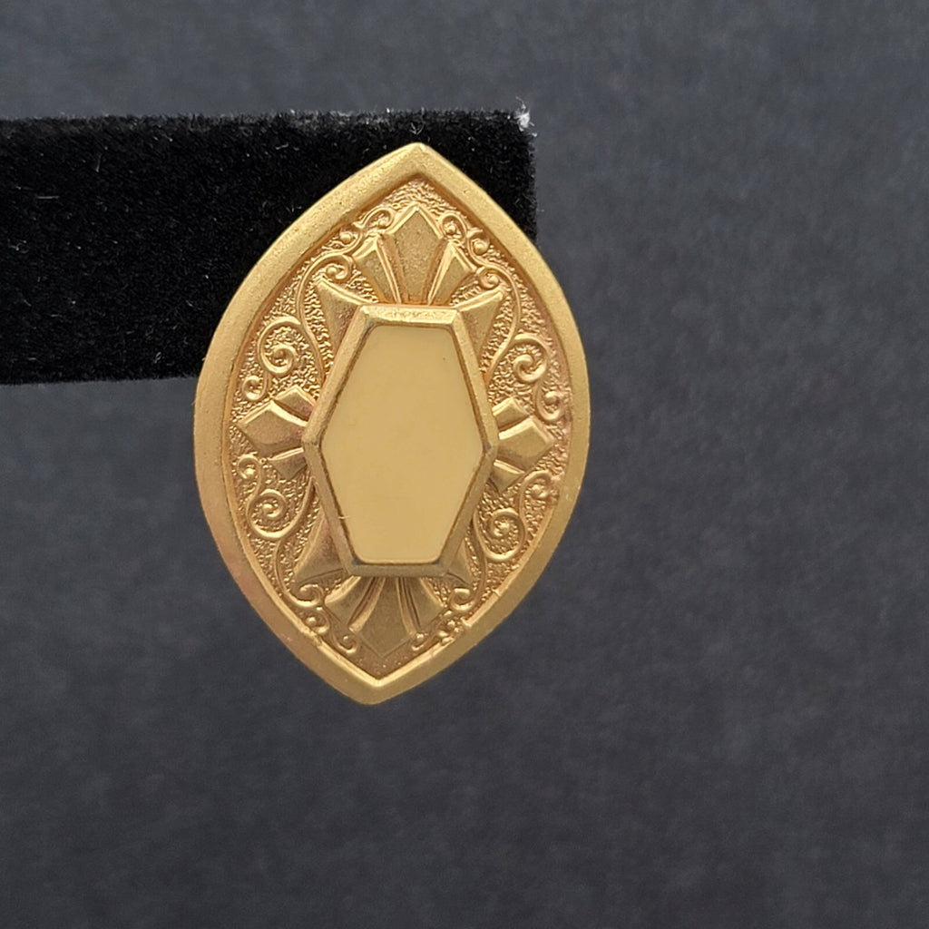 Pierced Earrings Gold tone Ivory Enamel Textured Drop 1.25"