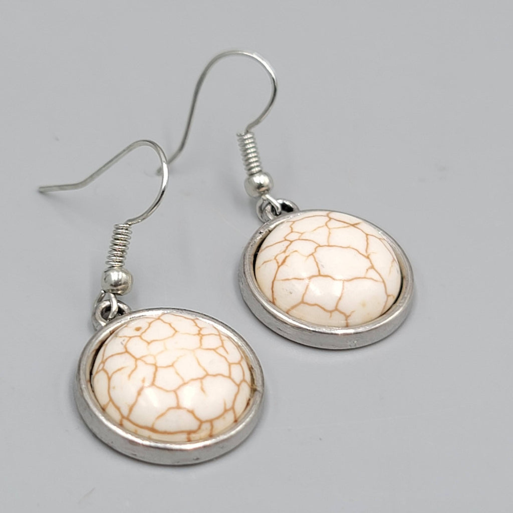 White Howlite Round Pierced Earrings Silver tone Dangle  7/8 in