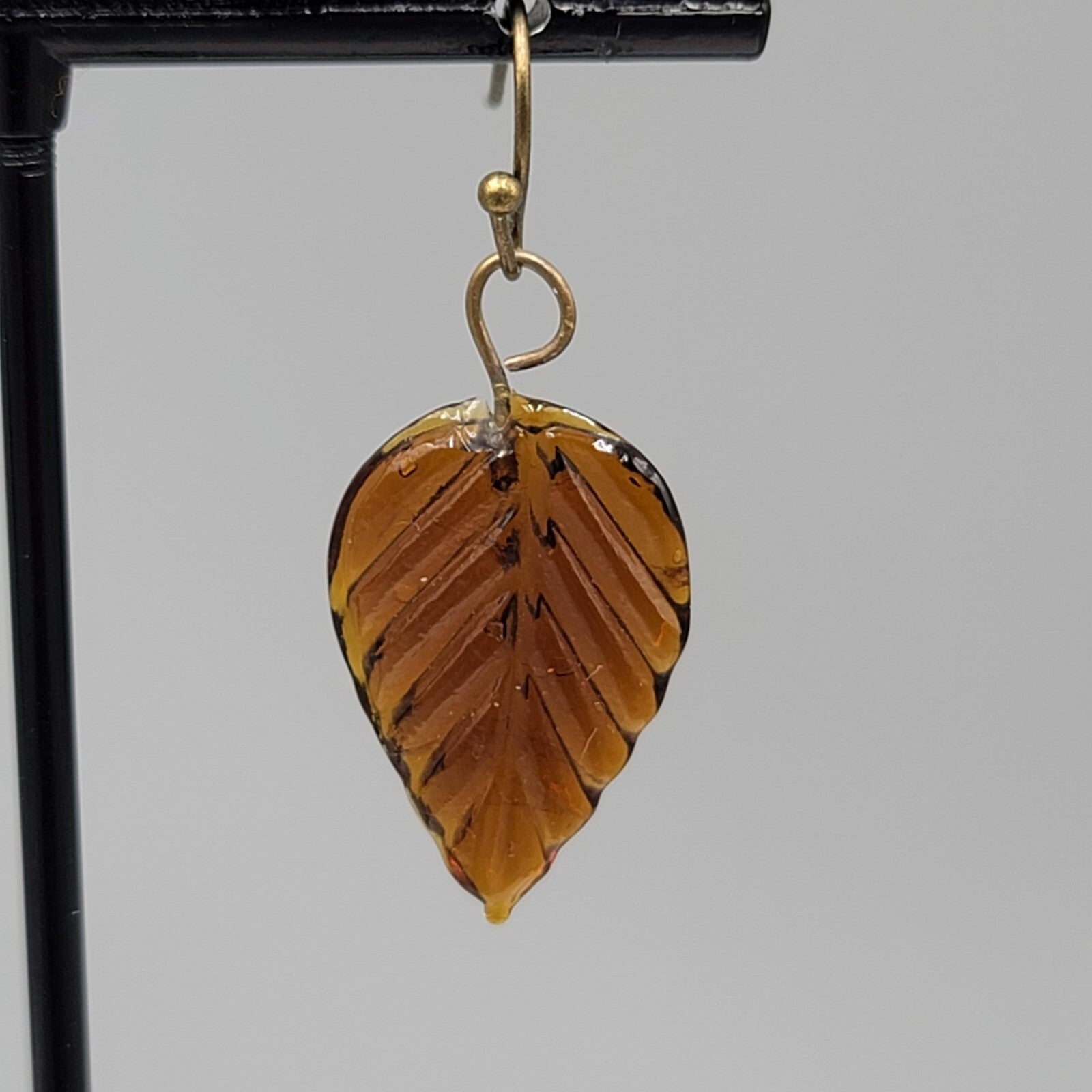 Pierced Earrings Brown Glass Leaf Dangle Bronze tone 1"