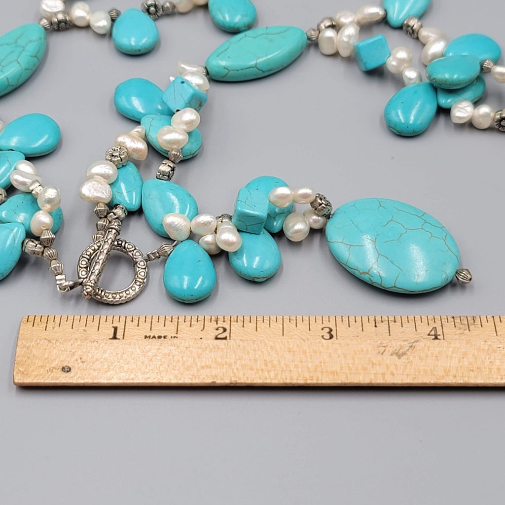 Large Statement Stone Bead Necklace Blue Dyed Howlite Pearl Silver tone Toggle