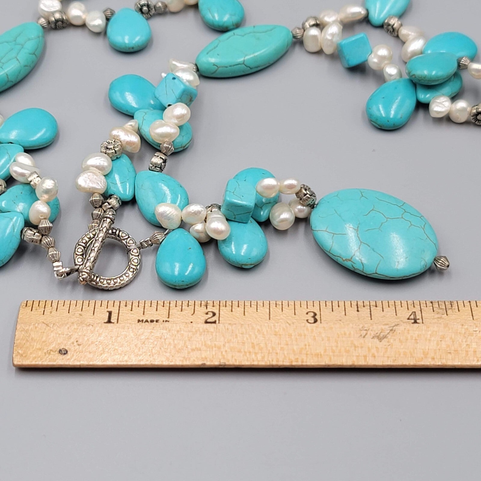 Large Statement Stone Bead Necklace Blue Dyed Howlite Pearl Silver tone Toggle