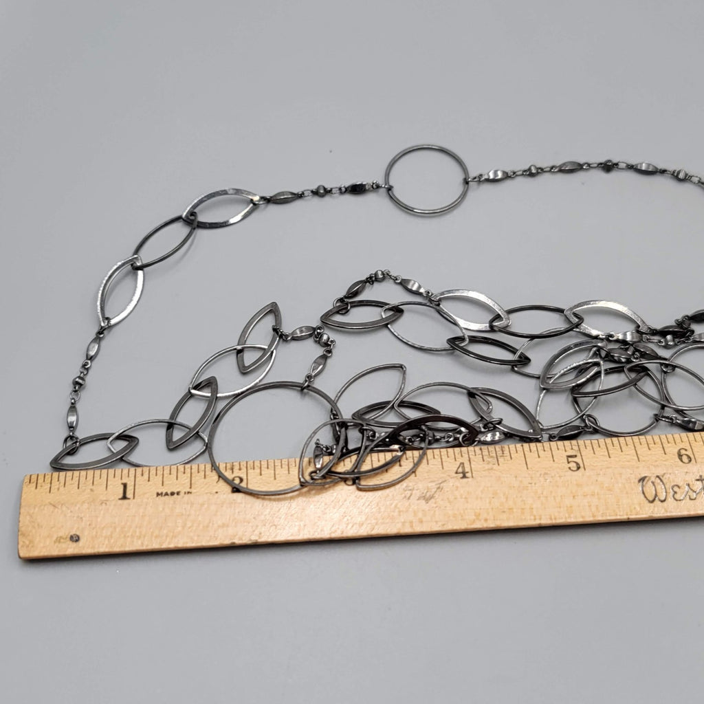 Long Thin Geometric Chain Necklace Gunmetal  Gray Black Metal 52"