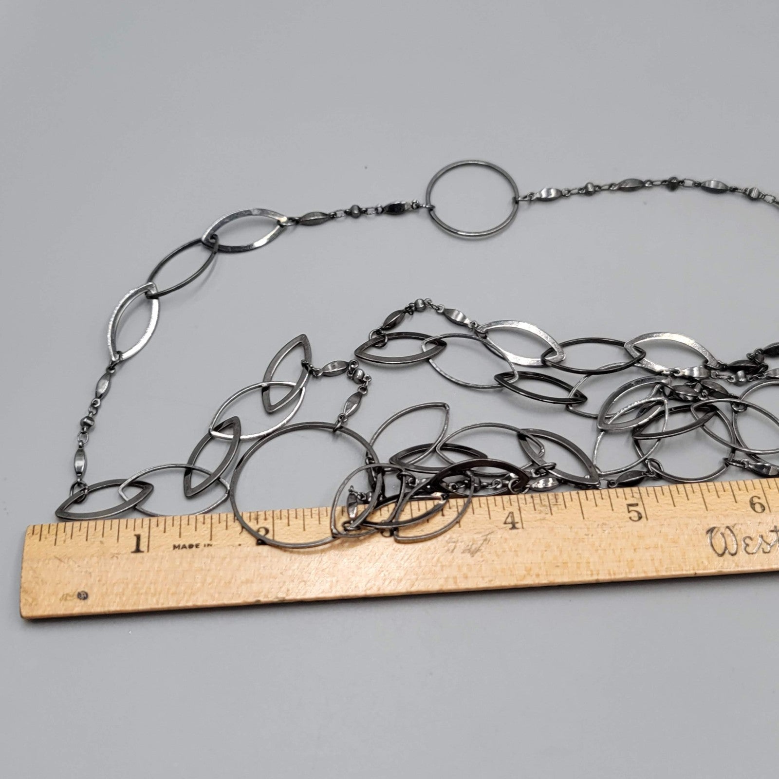 Long Thin Geometric Chain Necklace Gunmetal  Gray Black Metal 52"